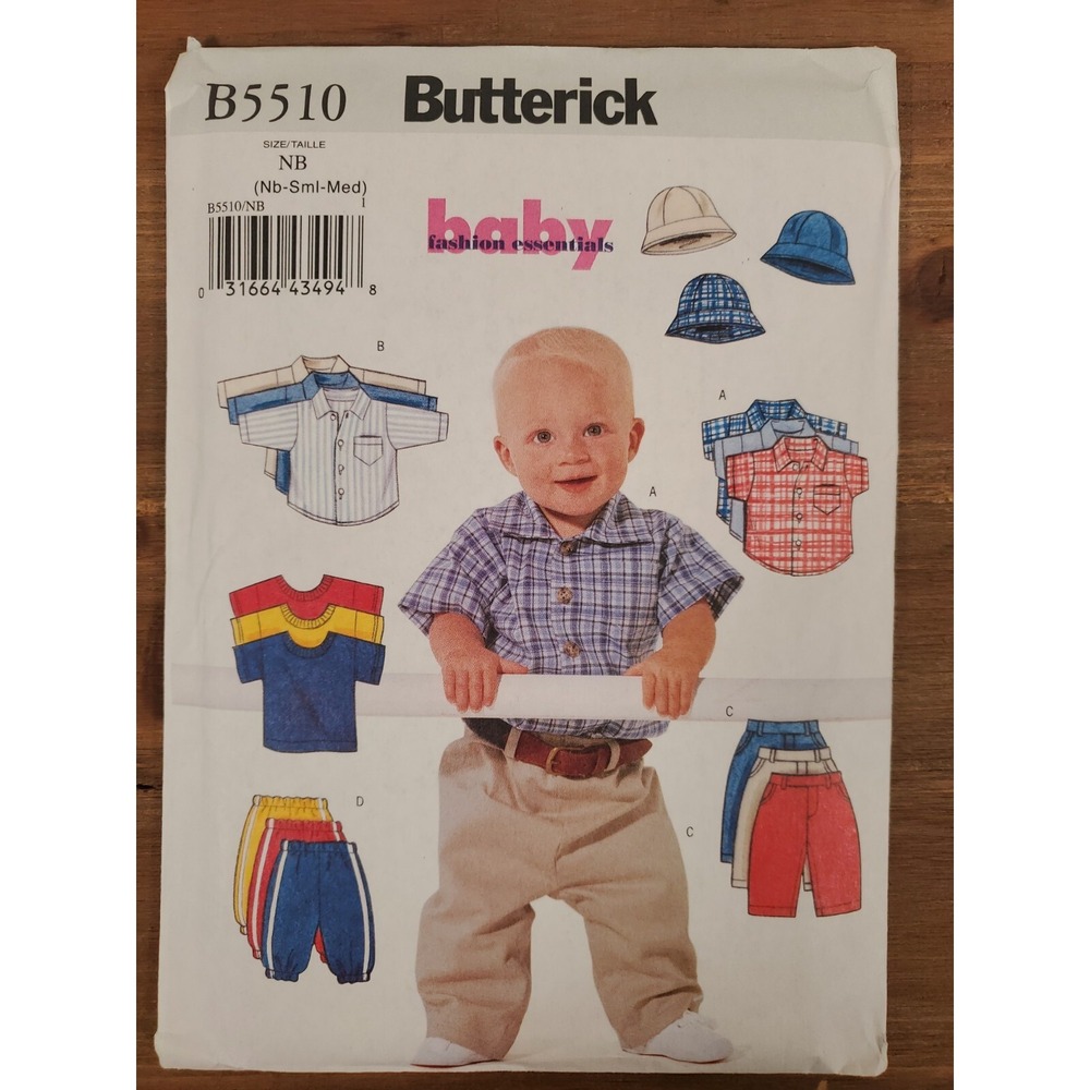 Butterick B5510 Baby Fashion Essentials Pattern Shirt Pants Hat NB Sm Med Uncut